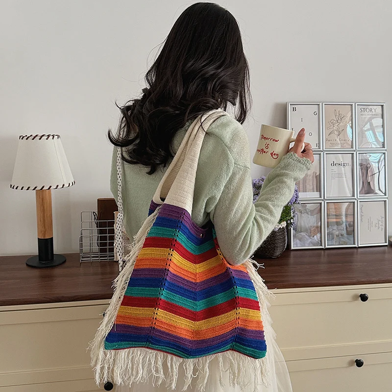 Beach-style One-shoulder Knitted Bag With Tassels Commuter Tote — image 6