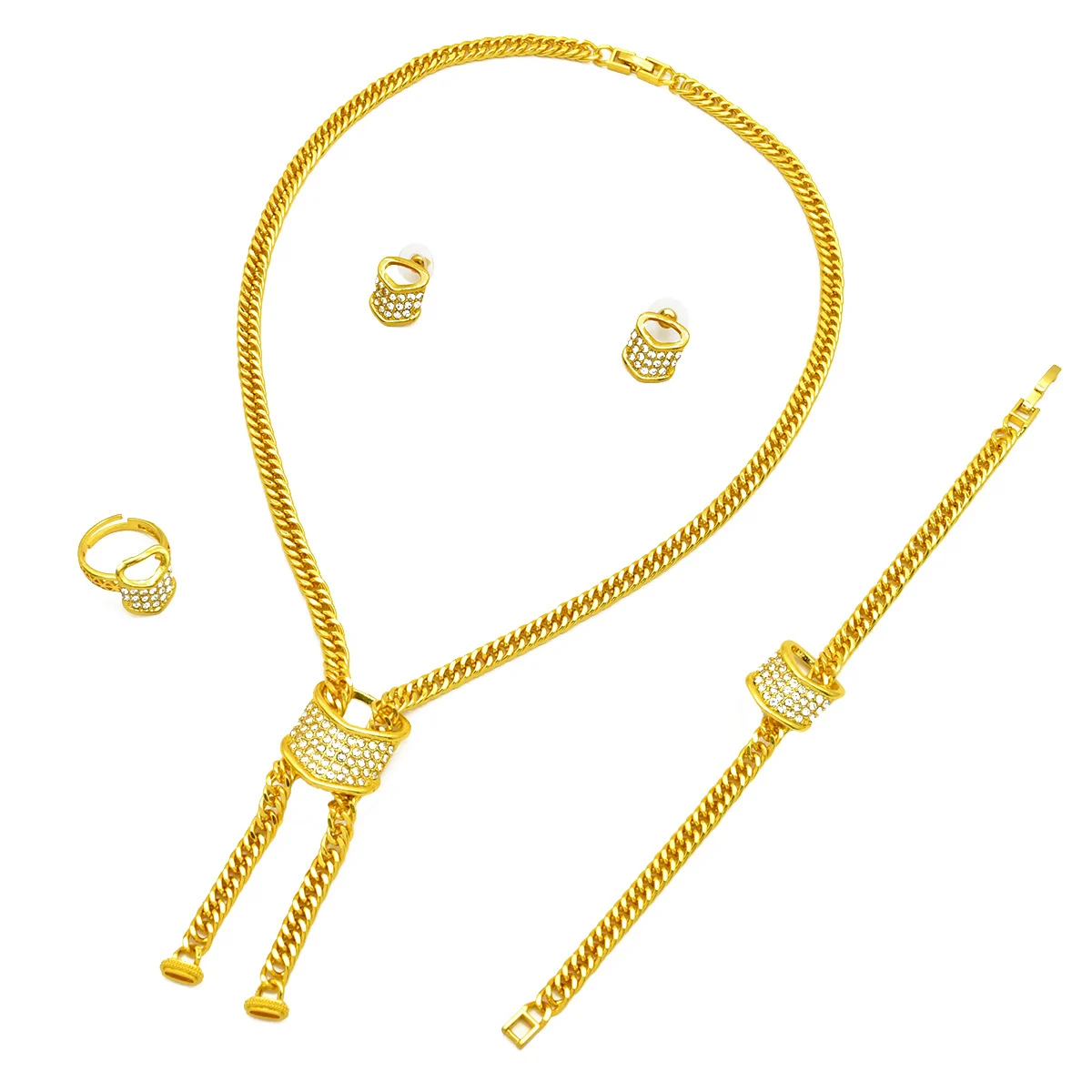 Best-selling Dubai Bride 24k Gold-plated Necklace Bracelet Earring Ring Four-piece Set — image 5