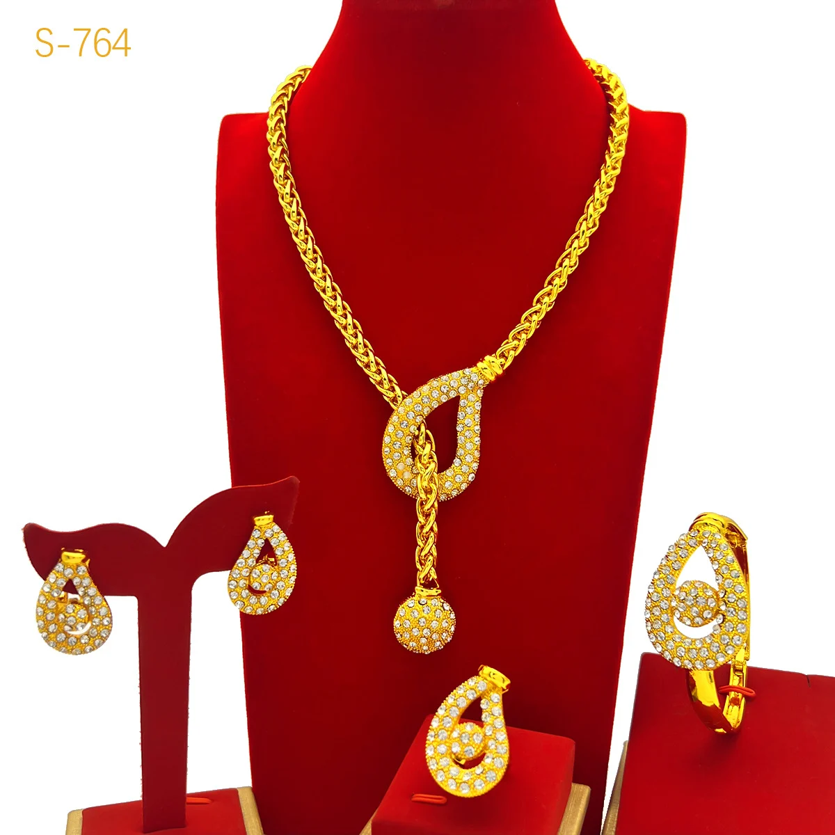 Best-selling Dubai Bride 24k Gold-plated Necklace Bracelet Earring Ring Four-piece Set — image 3
