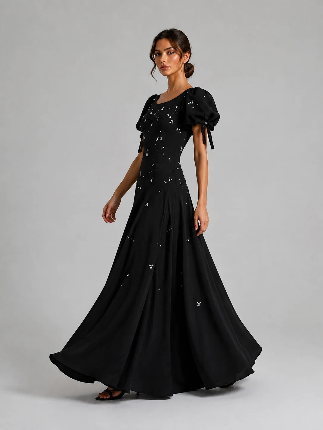 Black Puff-sleeve Beaded A-line Floor-length Evening Gown — image 2