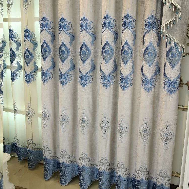 Blue Chenille Embroidered Curtains For Living Room Bedroom And Villa — image 3