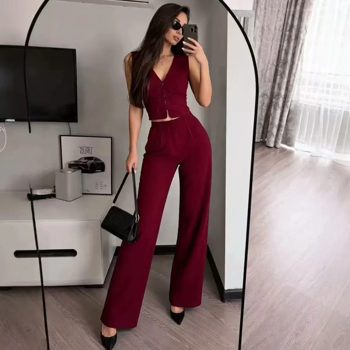 Bow-tie Lace-up Vest Top High-waisted Wide-leg Trousers — image 6