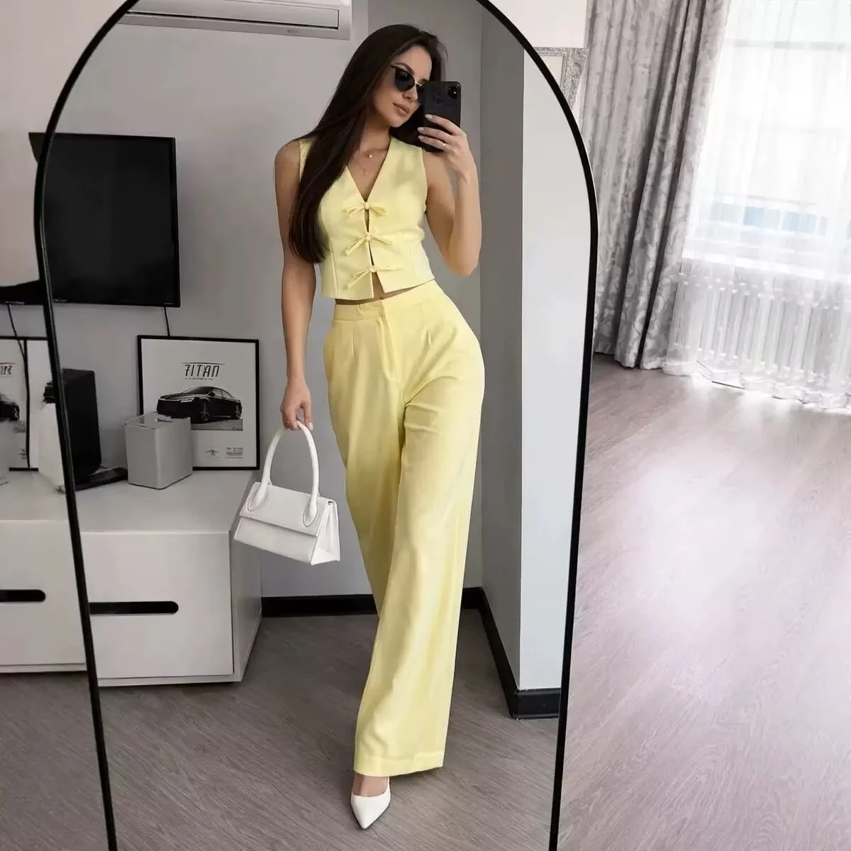 Bow-tie Lace-up Vest Top High-waisted Wide-leg Trousers — image 8