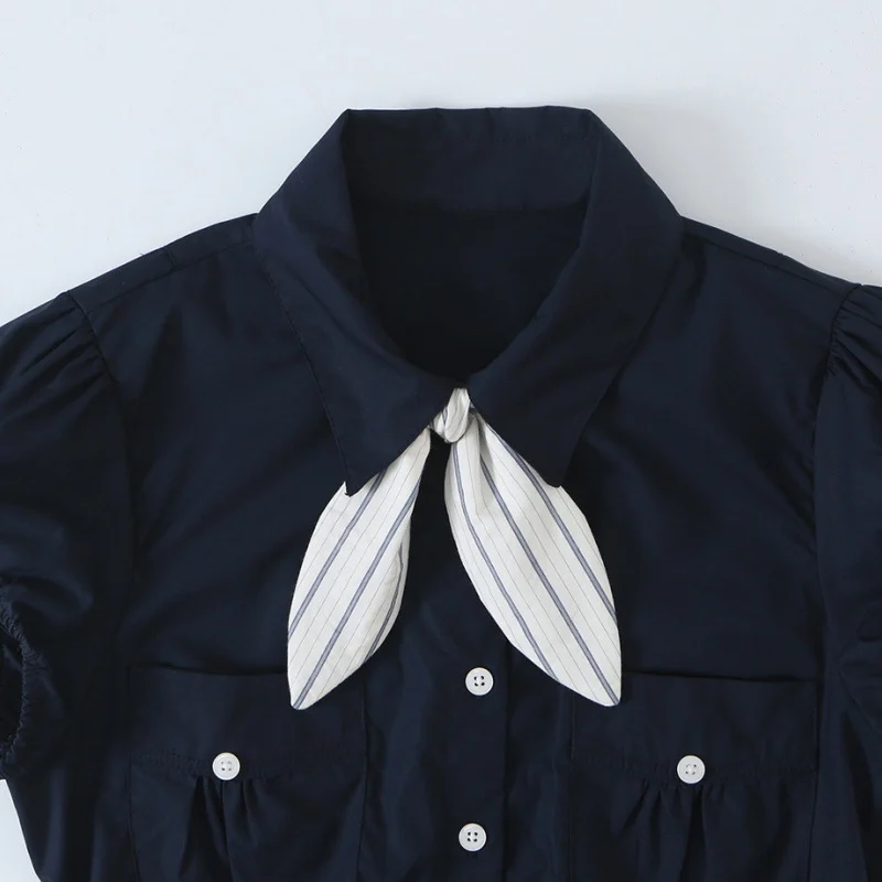Bow-tie Silk Scarf Pocket Short-sleeve Blouse For Women — image 4