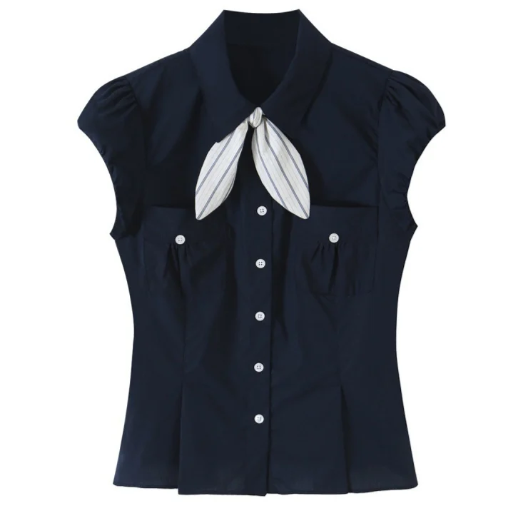 Bow-tie Silk Scarf Pocket Short-sleeve Blouse For Women — image 5