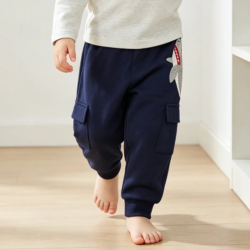 Boys Cotton Blend Cartoon Shark Embroidered Sports Pants - Casual Loose Fit Joggers… — image 3