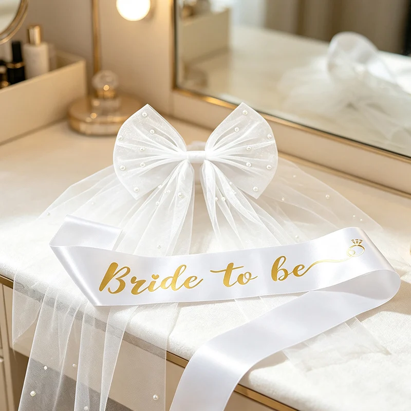 Bridal Veil With Pearl Bow Hair Clip And Gold-stamped Sash Set For Bachelorette Parties — image 5