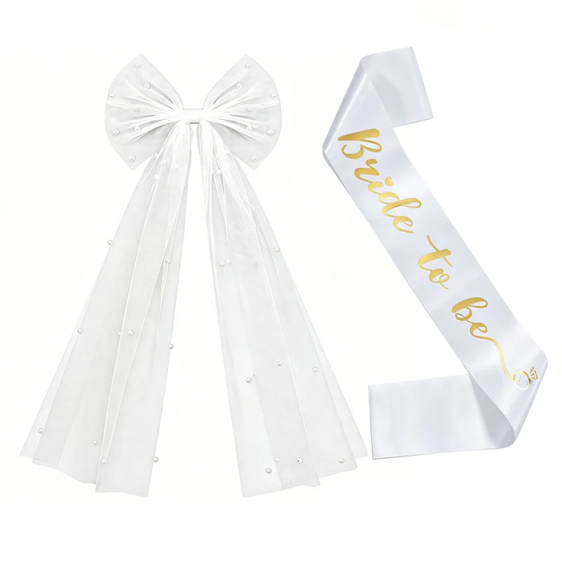 Bridal Veil With Pearl Bow Hair Clip And Gold-stamped Sash Set For Bachelorette Parties — image 7