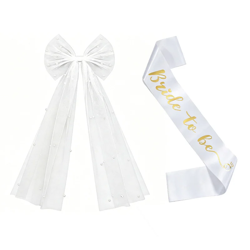 Bridal Veil With Pearl Bow Hair Clip And Gold-stamped Sash Set For Bachelorette Parties — image 6