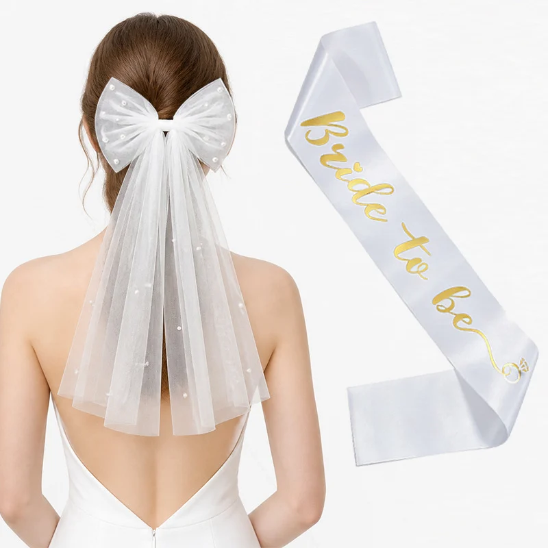 Bridal Veil With Pearl Bow Hair Clip And Gold-stamped Sash Set For Bachelorette Parties — image 2