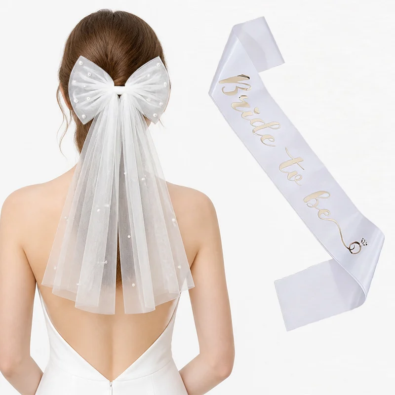 Bridal Veil With Pearl Bow Hair Clip And Gold-stamped Sash Set For Bachelorette Parties — image 1