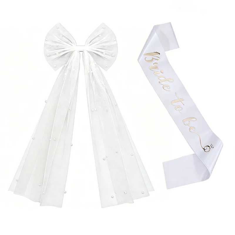 Bridal Veil With Pearl Bow Hair Clip And Gold-stamped Sash Set For Bachelorette Parties — image 4