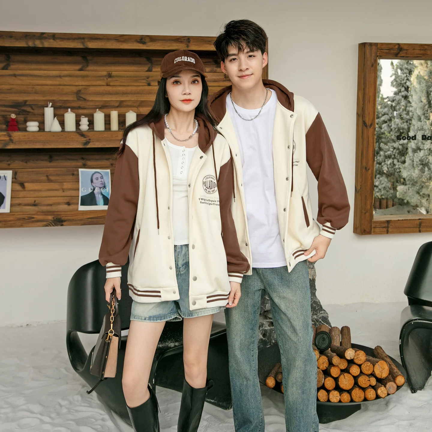 Brushed Heavyweight Outerwear Color-block Baseball Jacket Set — image 4