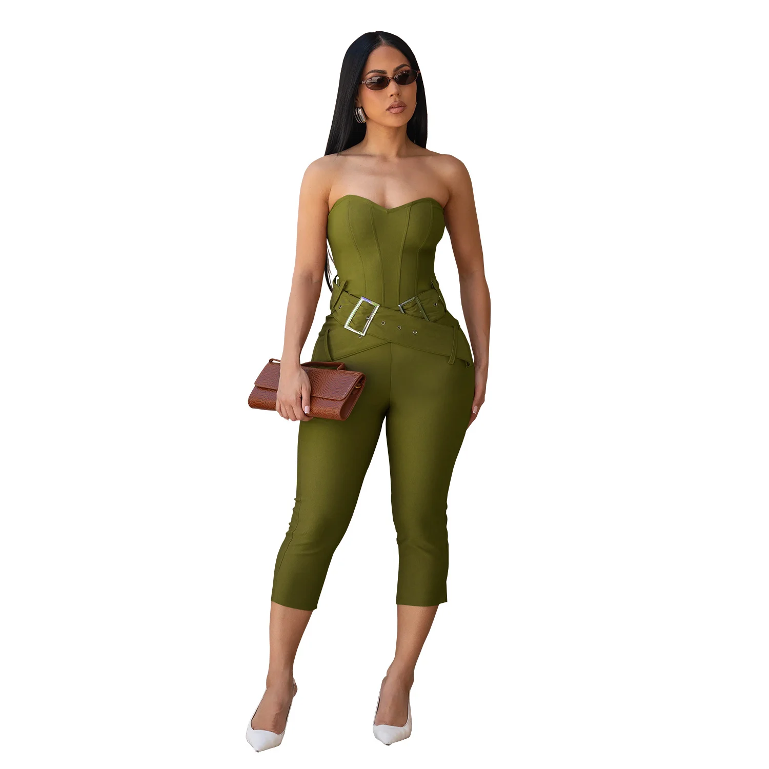 C7693 Fashion Women's Sexy Slim-fit Tube Top Solid Color Bodycon Jumpsuit — image 2