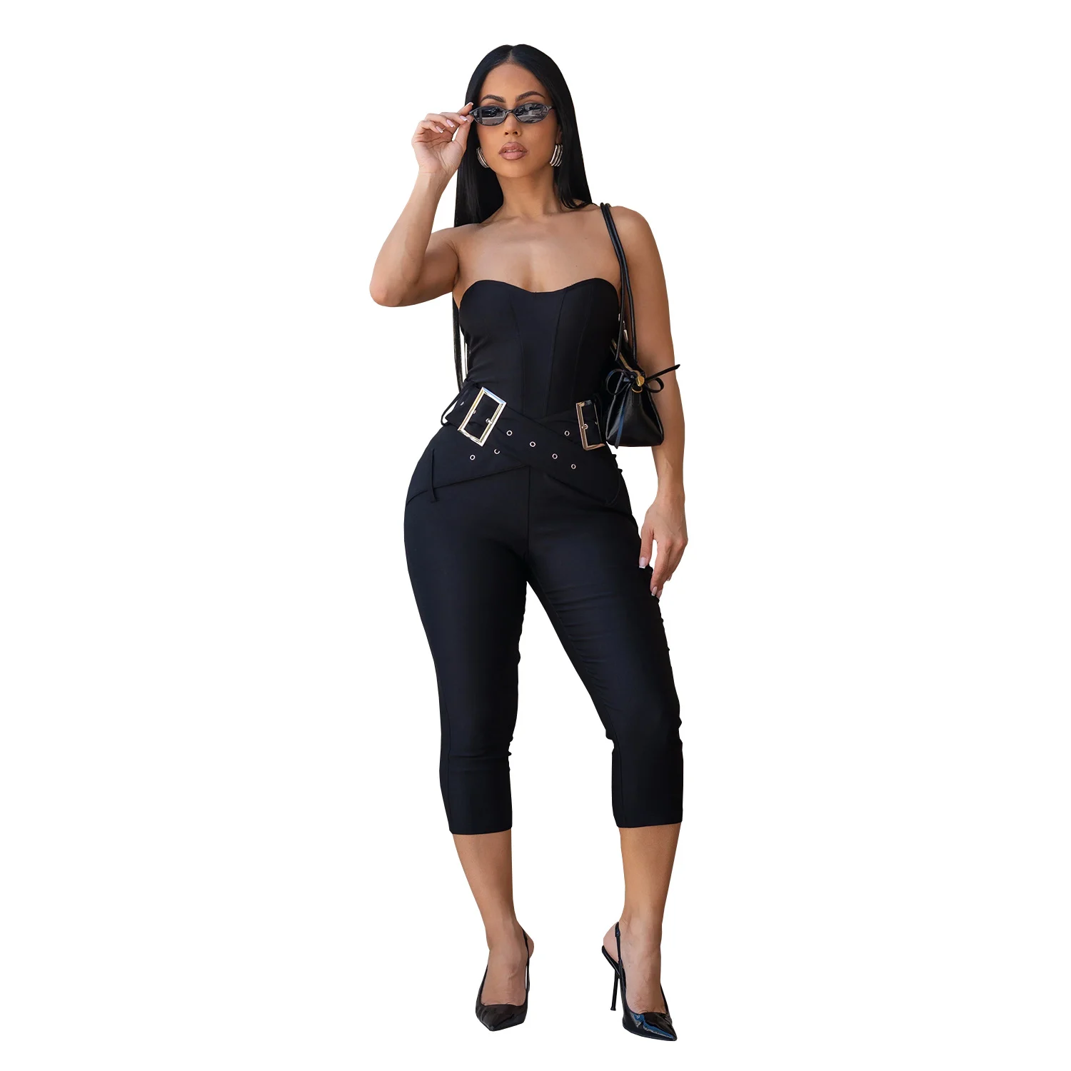 C7693 Fashion Women's Sexy Slim-fit Tube Top Solid Color Bodycon Jumpsuit — image 3