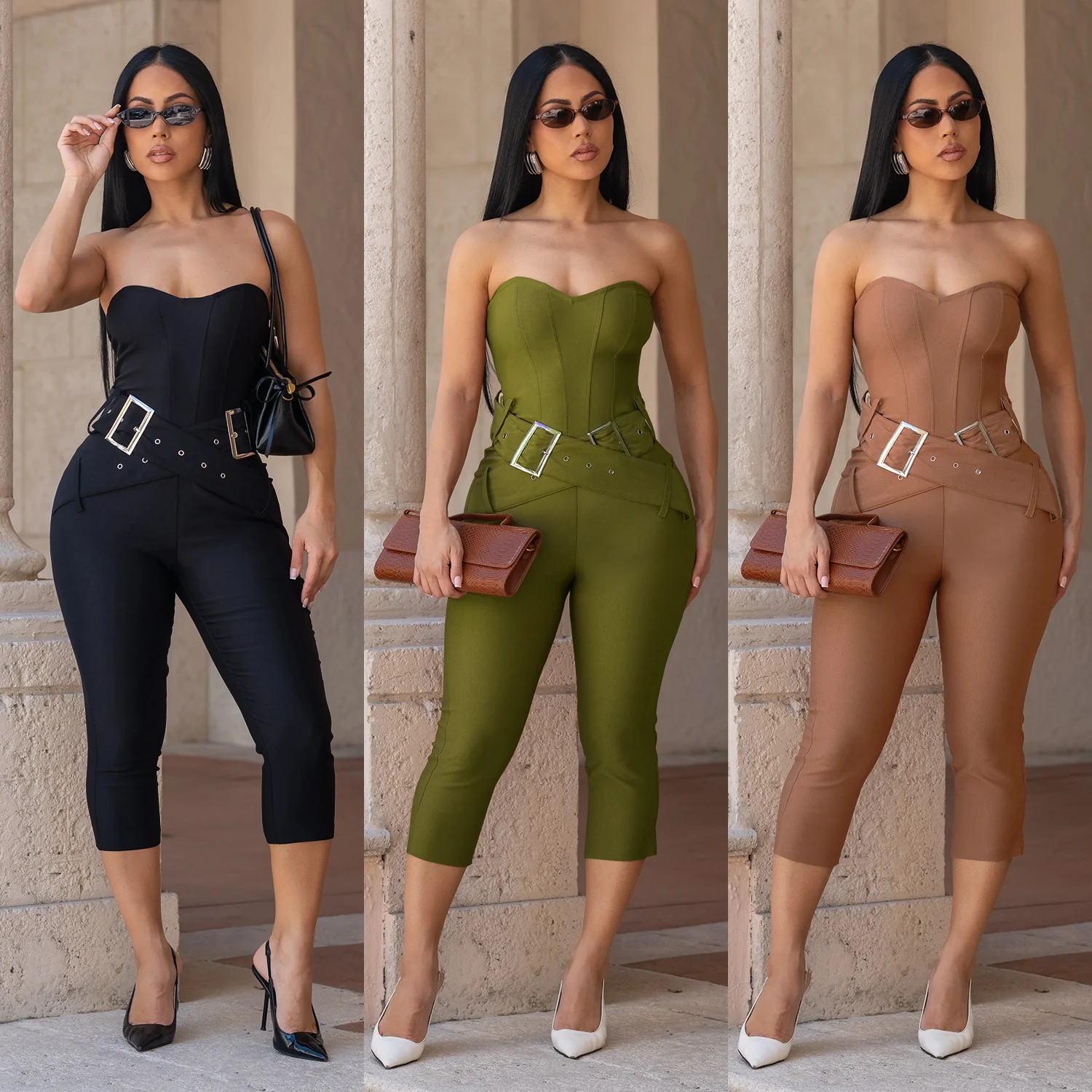 C7693 Fashion Women's Sexy Slim-fit Tube Top Solid Color Bodycon Jumpsuit — image 7