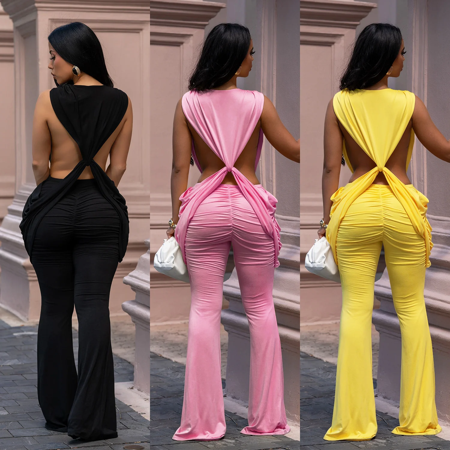 C7722 Fashion Women's Clothing Sexy Backless Solid Color Bodycon Jumpsuit — image 7