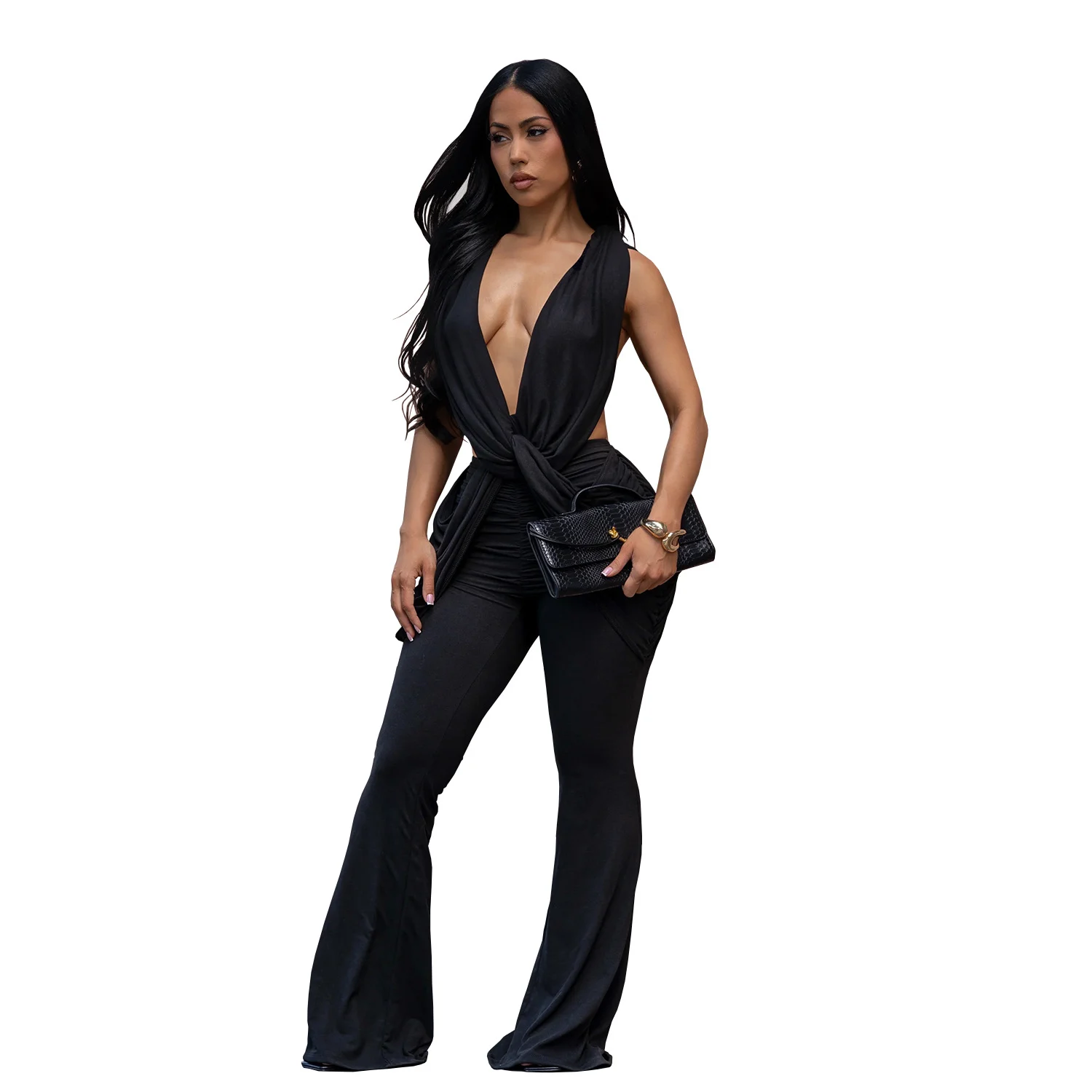 C7722 Fashion Women's Clothing Sexy Backless Solid Color Bodycon Jumpsuit — image 3