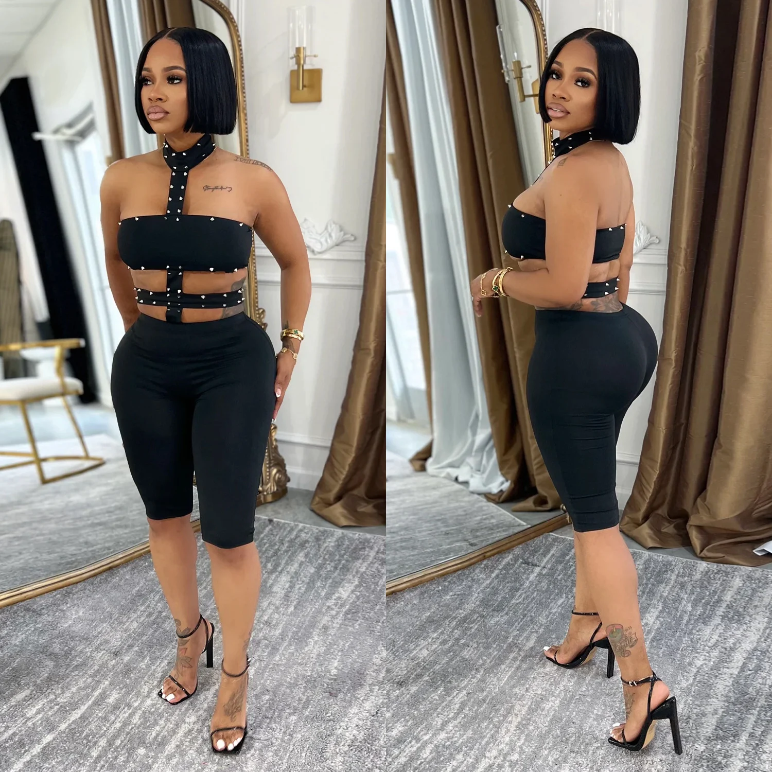 C7728 Fashion Women's Clothing Sexy Off-shoulder Beaded Halter Neck Solid Color Jumpsuit — image 2
