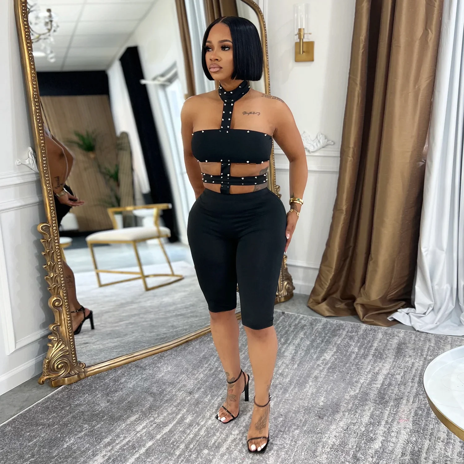 C7728 Fashion Women's Clothing Sexy Off-shoulder Beaded Halter Neck Solid Color Jumpsuit — image 5