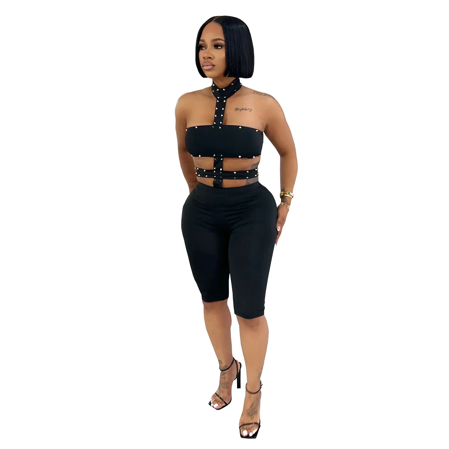 C7728 Fashion Women's Clothing Sexy Off-shoulder Beaded Halter Neck Solid Color Jumpsuit — image 3
