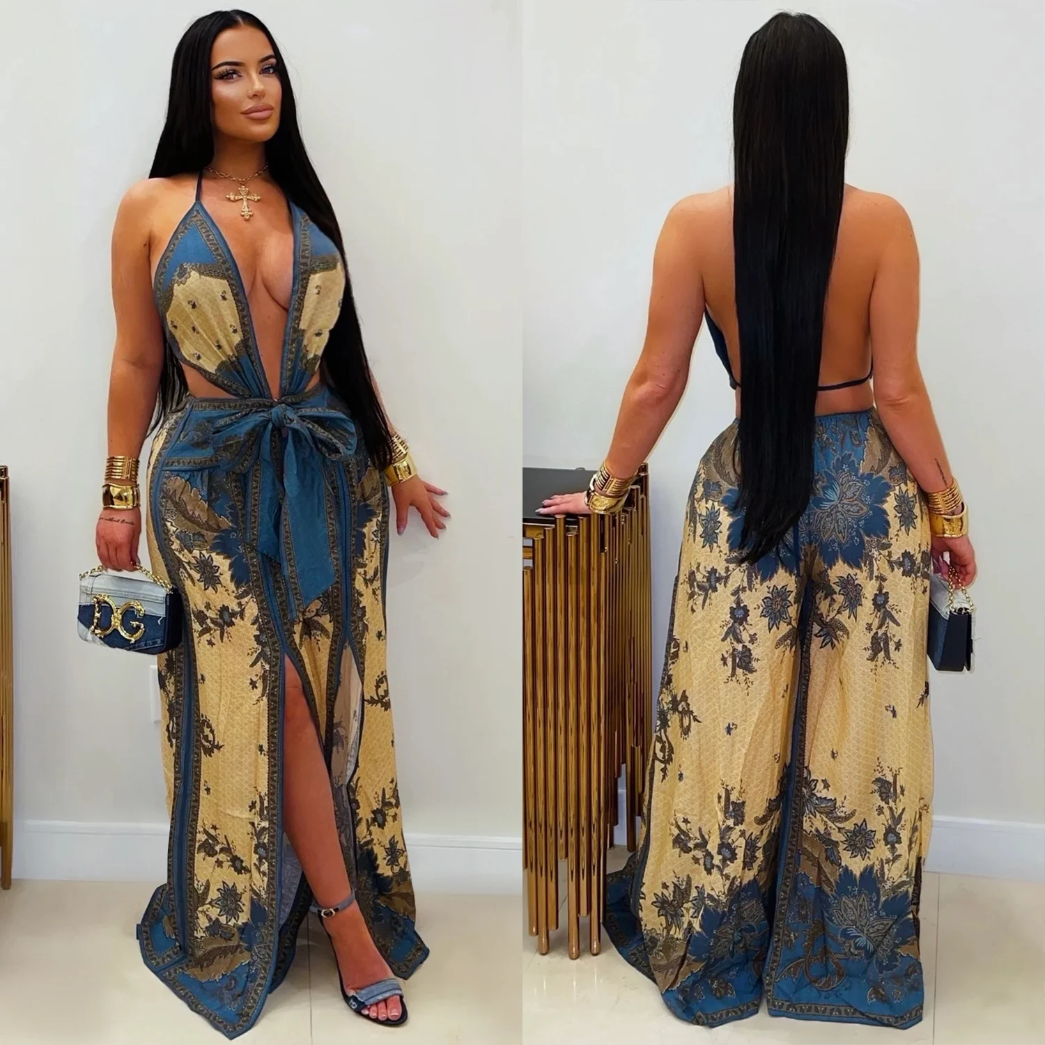 C7772 New Women's Retro Print Deep V-neck Waist-tie Split Wide-leg Vacation Style Jumpsuit — image 2