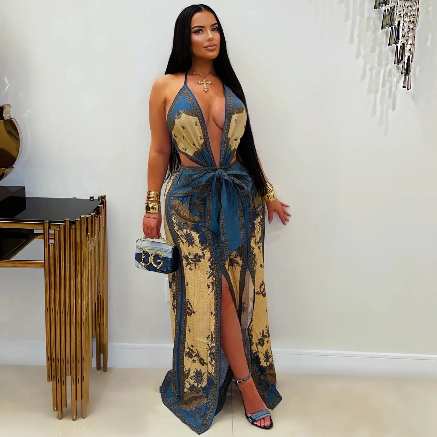 C7772 New Women's Retro Print Deep V-neck Waist-tie Split Wide-leg Vacation Style Jumpsuit — image 3