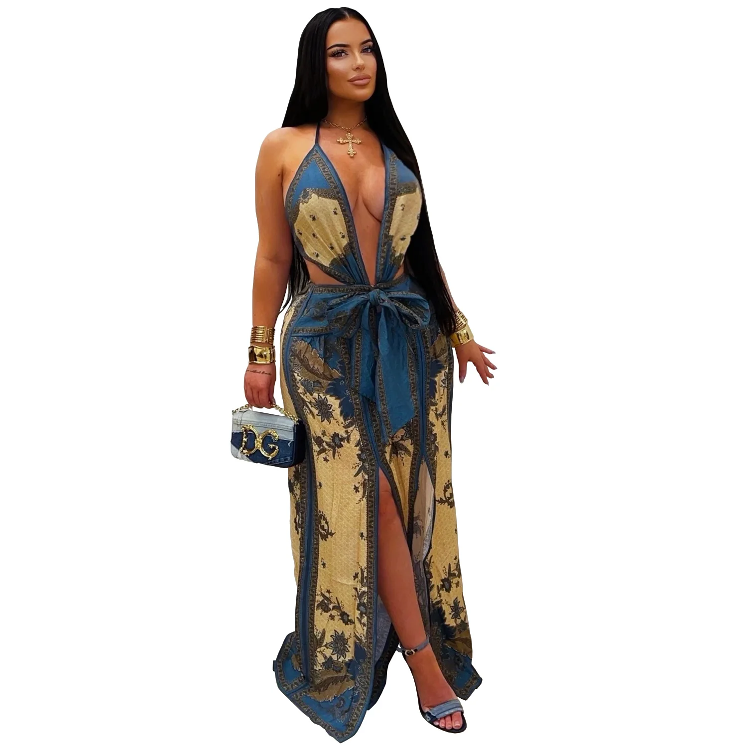C7772 New Women's Retro Print Deep V-neck Waist-tie Split Wide-leg Vacation Style Jumpsuit — image 5