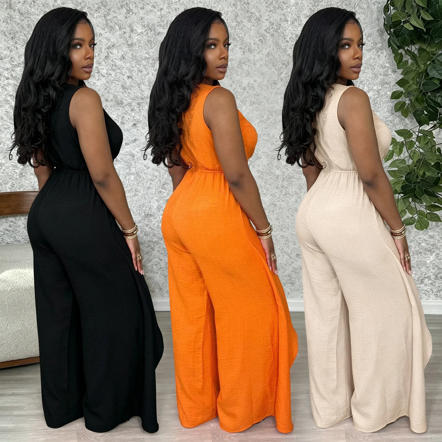 C7786 New Women's Sleeveless V-neck Cross Strap Split Top Wide Leg Commuter Pants For… — image 4
