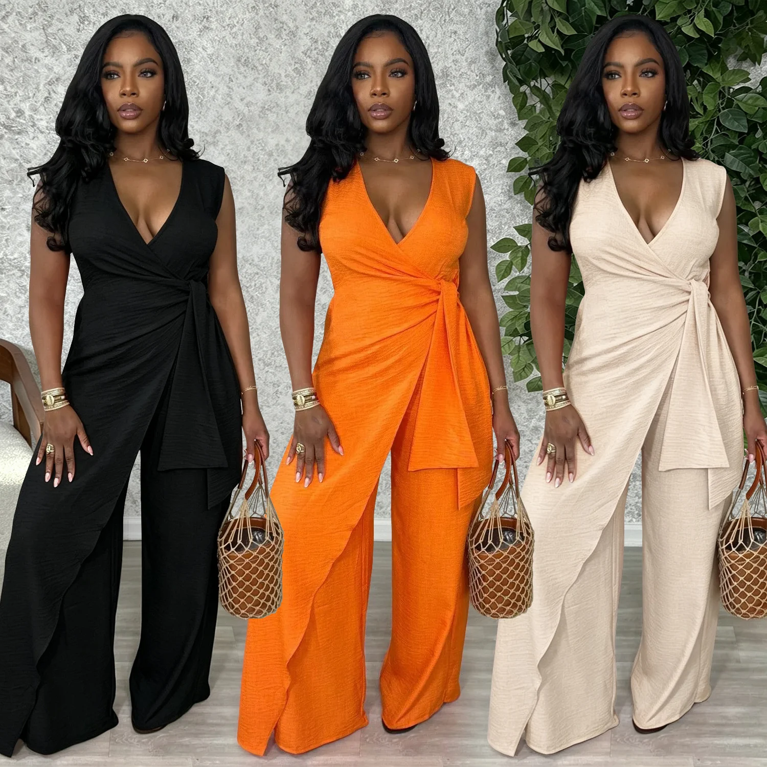 C7786 New Women's Sleeveless V-neck Cross Strap Split Top Wide Leg Commuter Pants For… — image 6