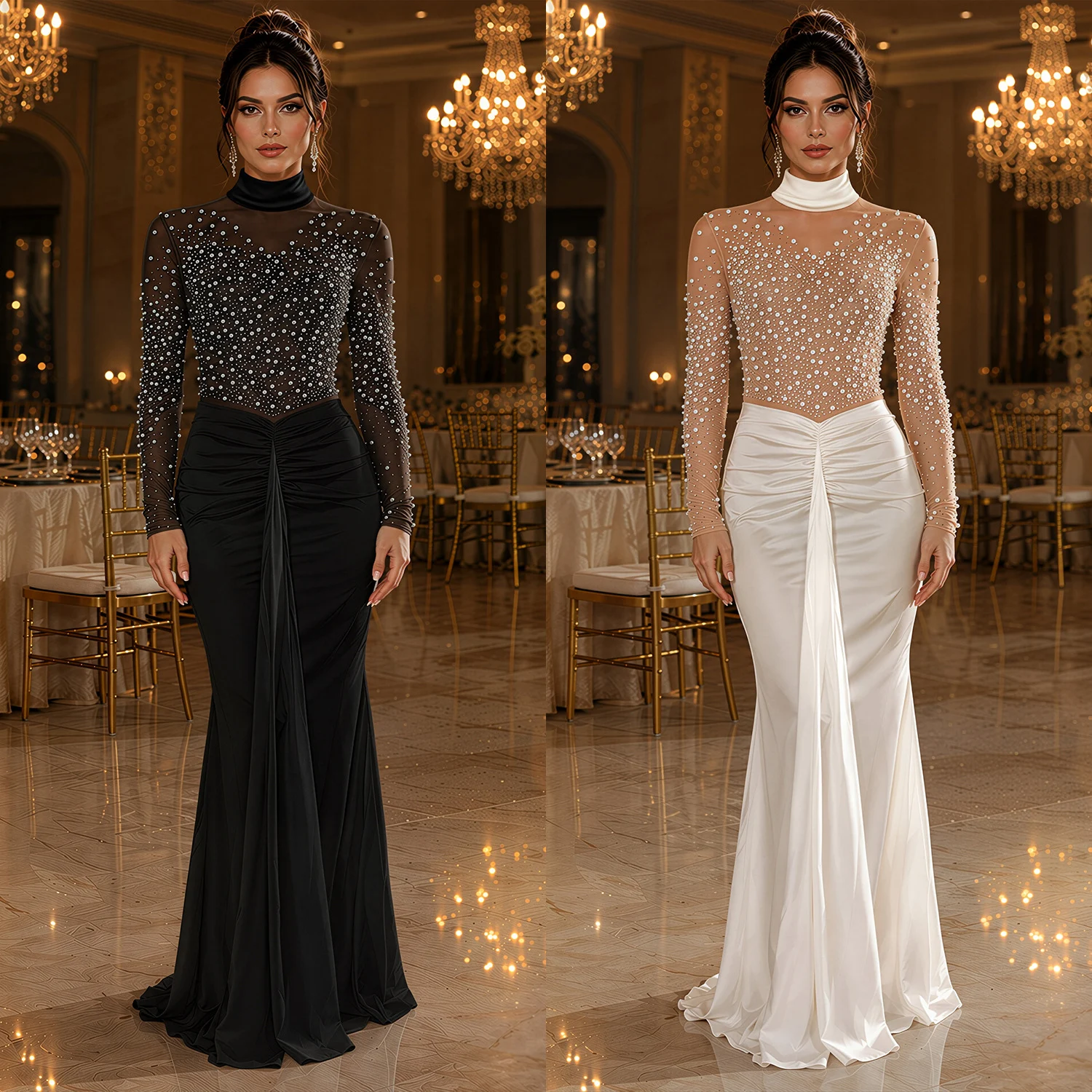 C7792 New Women's High Collar Mesh Pearl Hot Drilling Long Sleeve Dress Banquet Light… — image 3
