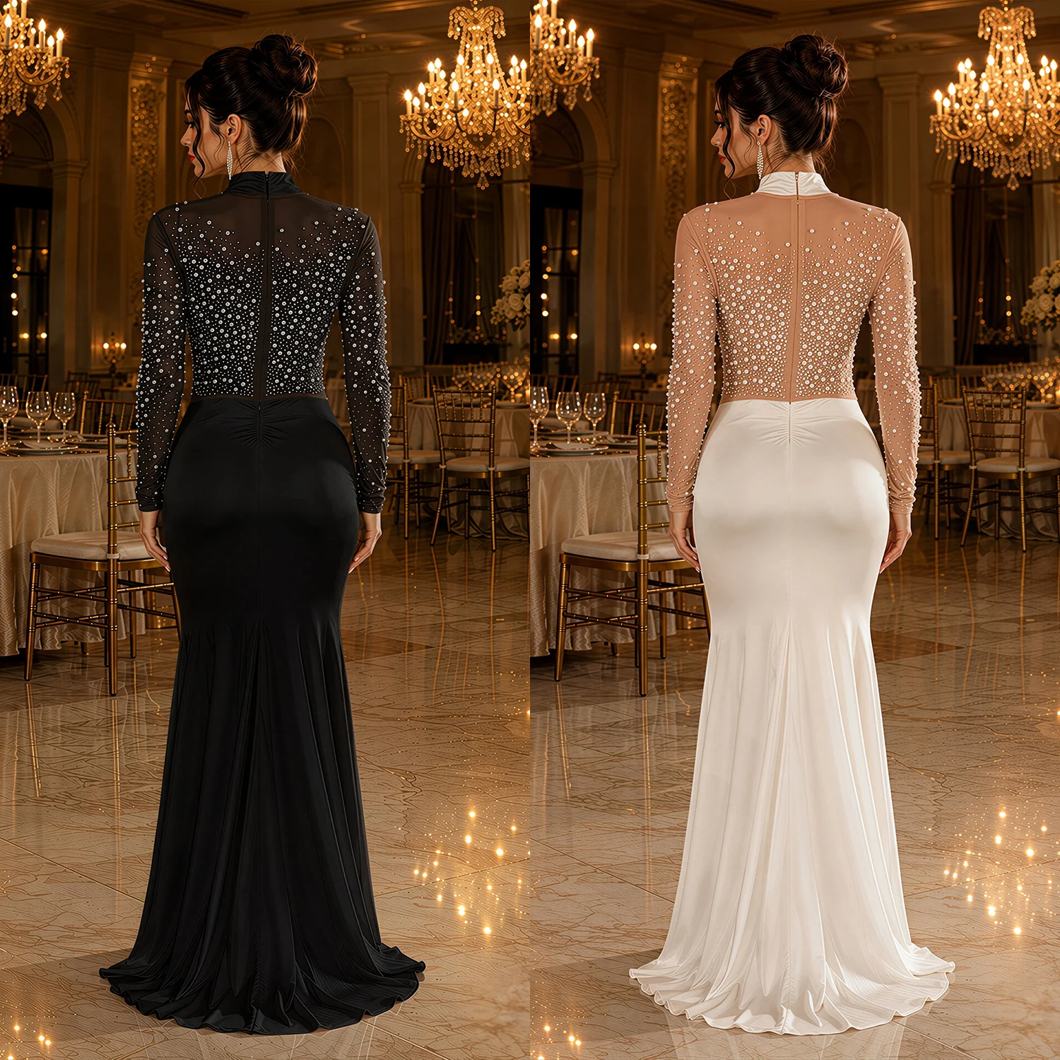 C7792 New Women's High Collar Mesh Pearl Hot Drilling Long Sleeve Dress Banquet Light… — image 5