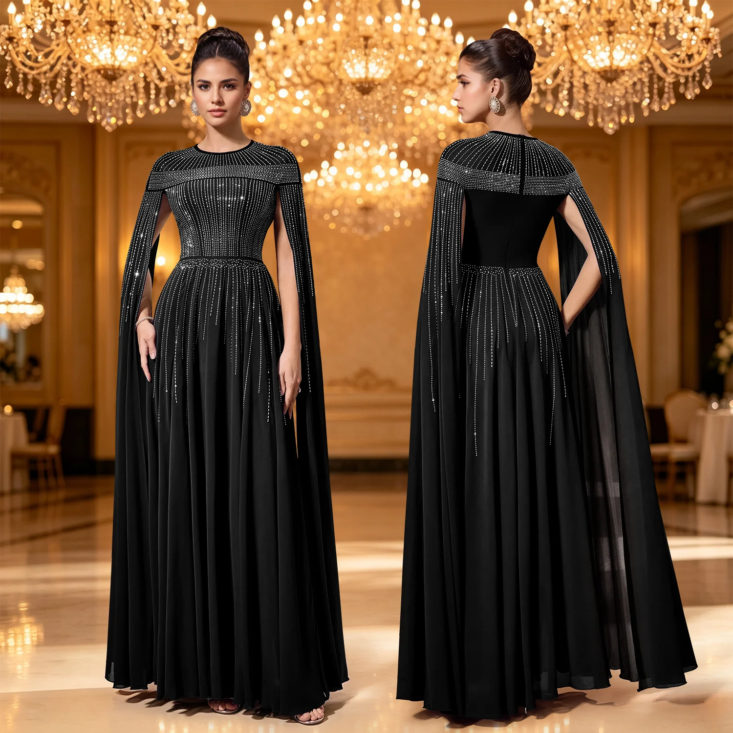 C7817 New Women's Elegant Hot Drilling Cape Style Evening Dress Big Swing Banquet — image 5