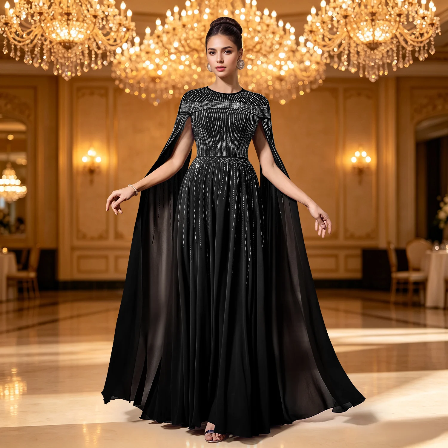 C7817 New Women's Elegant Hot Drilling Cape Style Evening Dress Big Swing Banquet — image 4