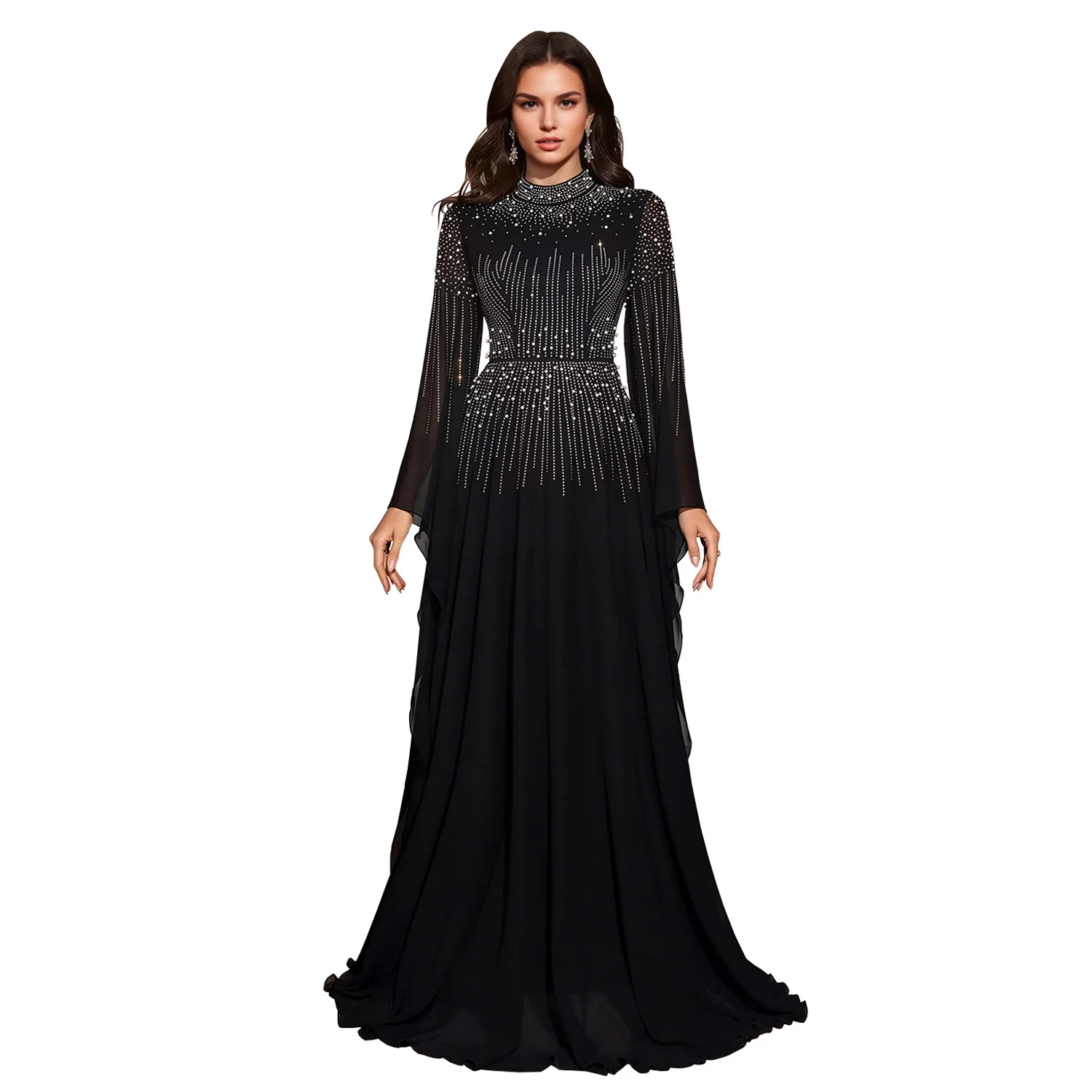 C7818 New Women's Hot Diamond Bubble Beads Elegant Flying Sleeve Dress Chiffon Big… — image 2