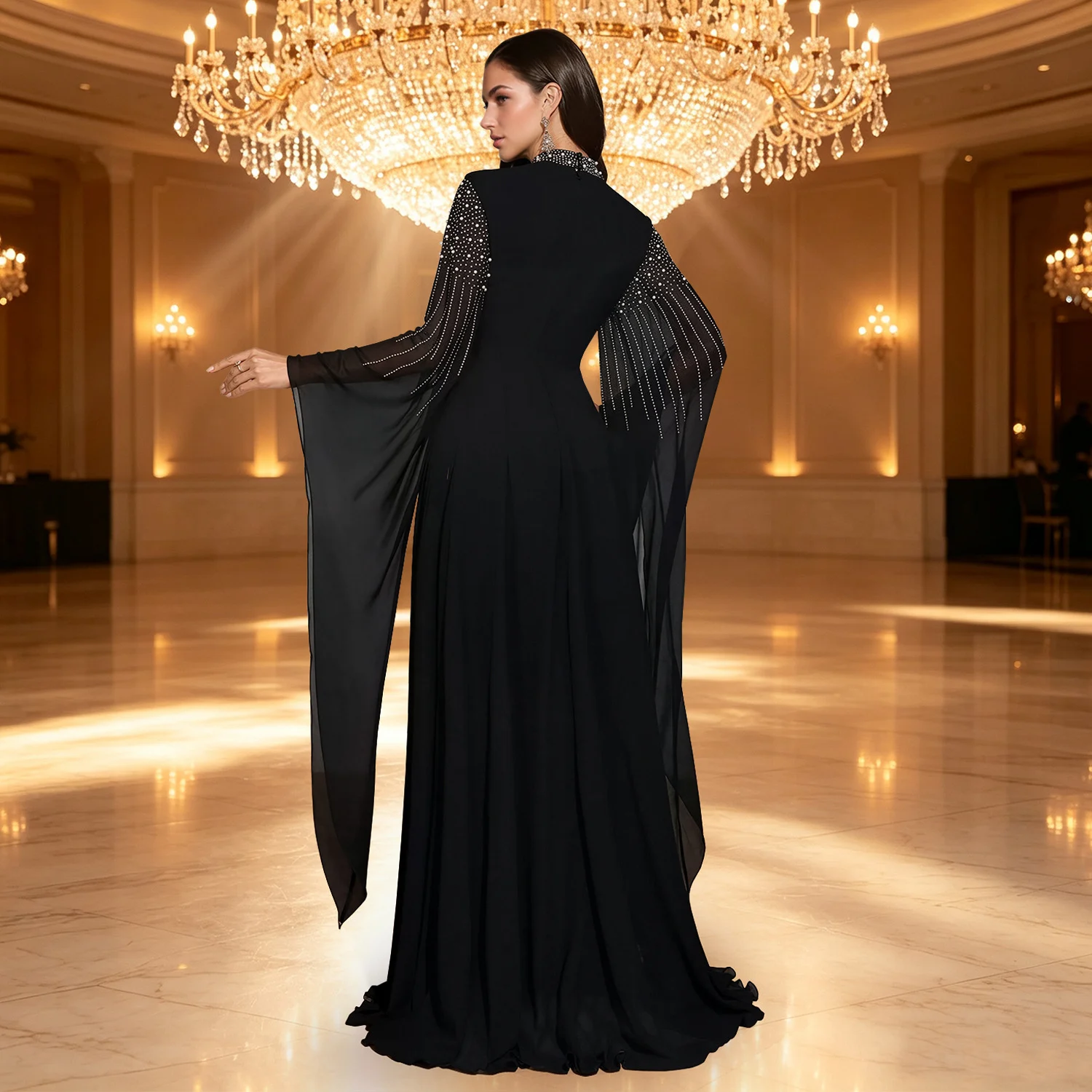 C7818 New Women's Hot Diamond Bubble Beads Elegant Flying Sleeve Dress Chiffon Big… — image 6