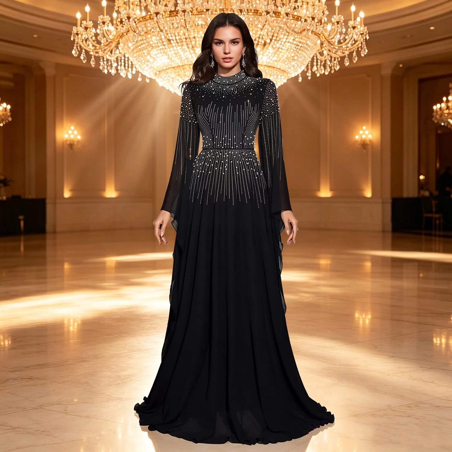 C7818 New Women's Hot Diamond Bubble Beads Elegant Flying Sleeve Dress Chiffon Big… — image 4