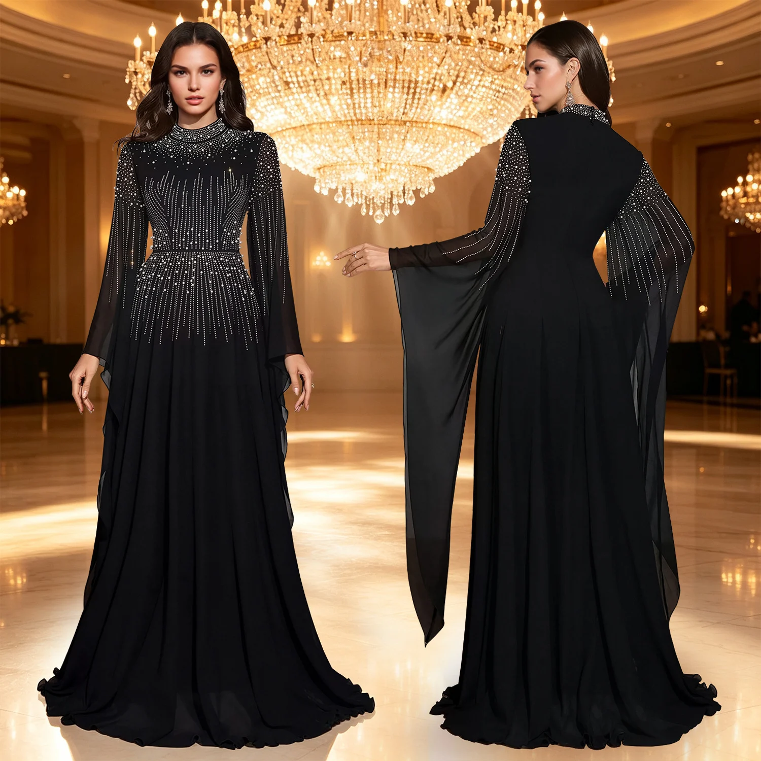 C7818 New Women's Hot Diamond Bubble Beads Elegant Flying Sleeve Dress Chiffon Big… — image 3