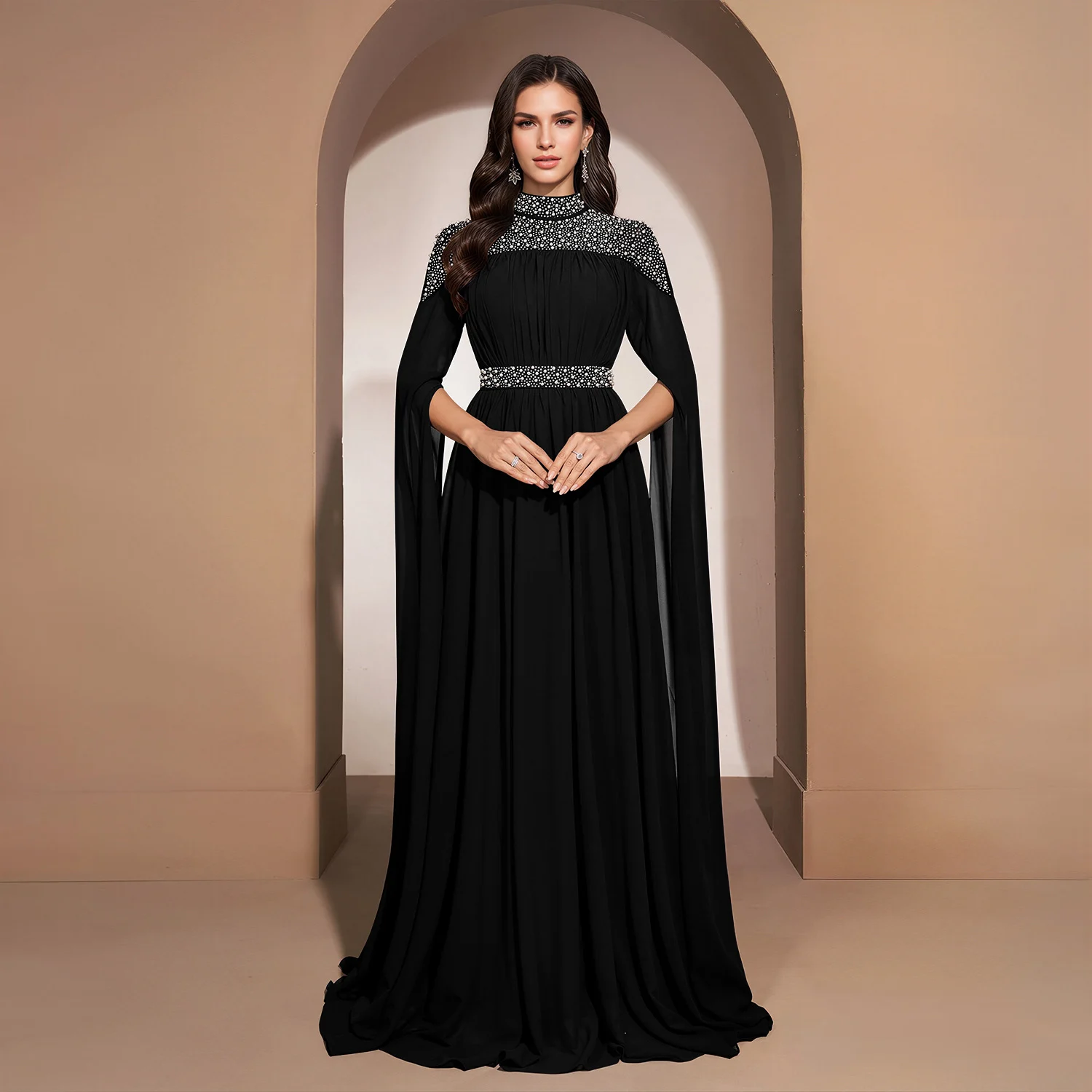 C7820 New Women's Dress With Hot Drilling And Nailed Beads Evening High Neck Flying… — image 1