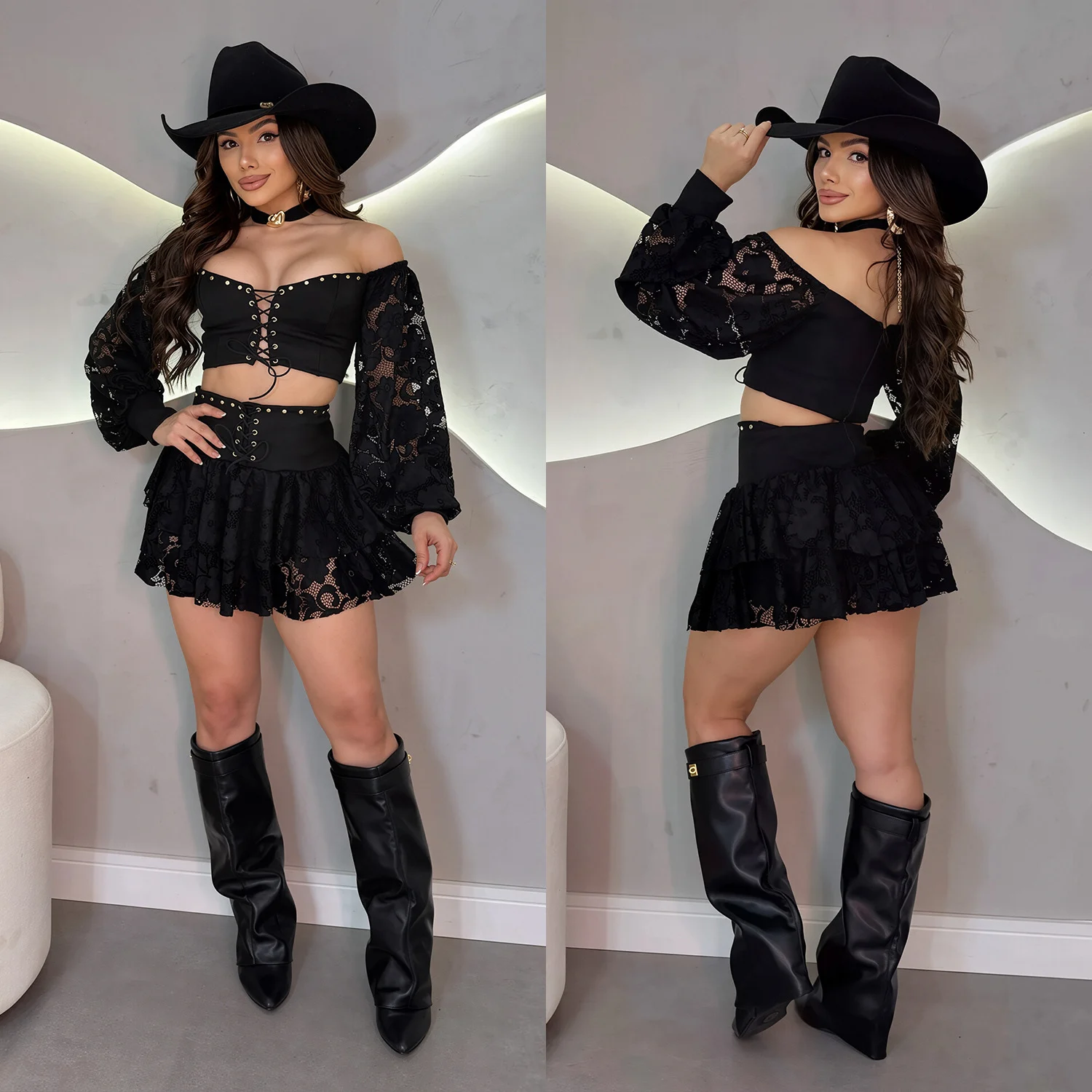 C7829 Off-shoulder Two-piece Set Sexy Navel Strap Top High Waist Ruffled Skirt — image 4