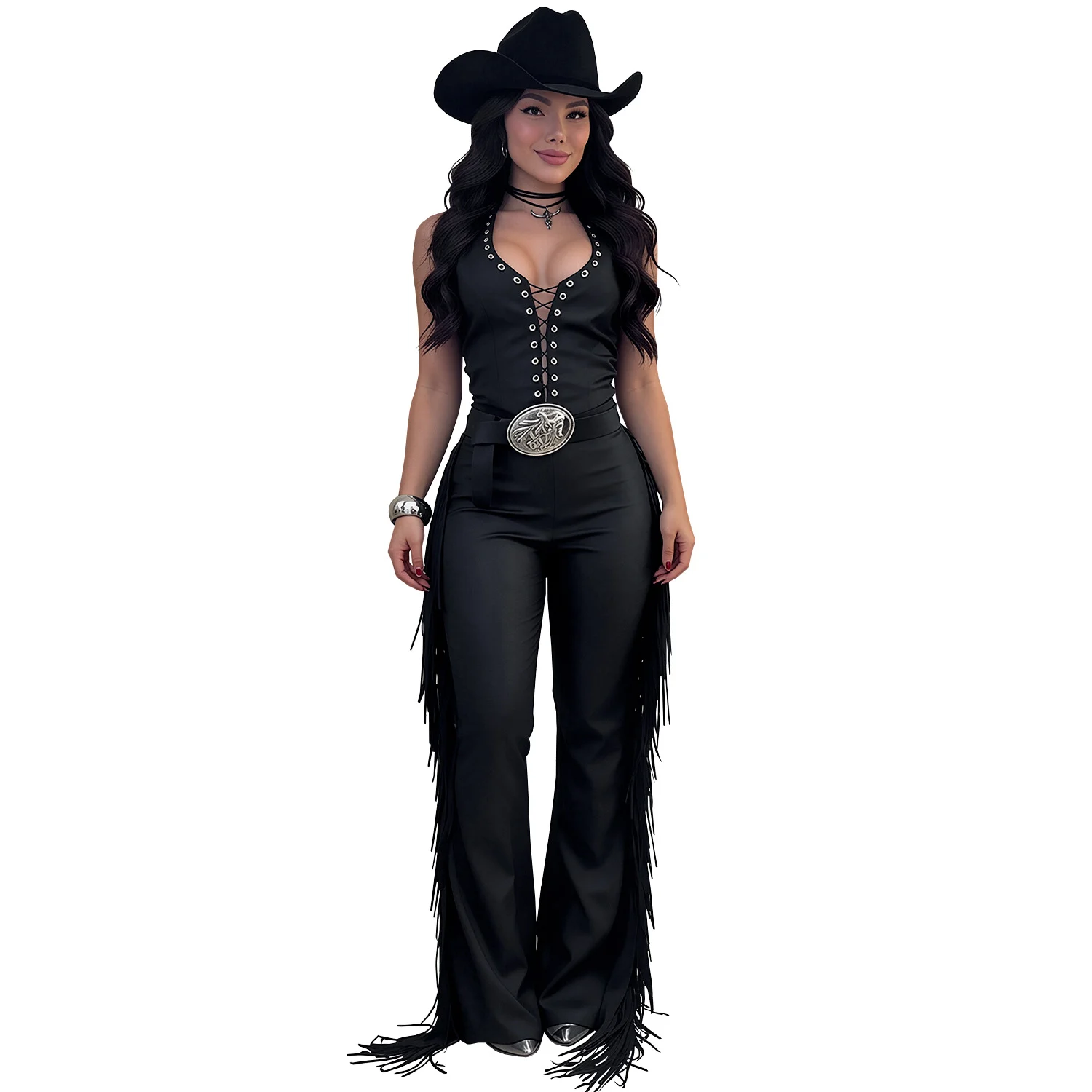 C7831 New Women Sexy Western-style Halterneck Fringe Wide-leg Pants Slim-fit Party… — image 1