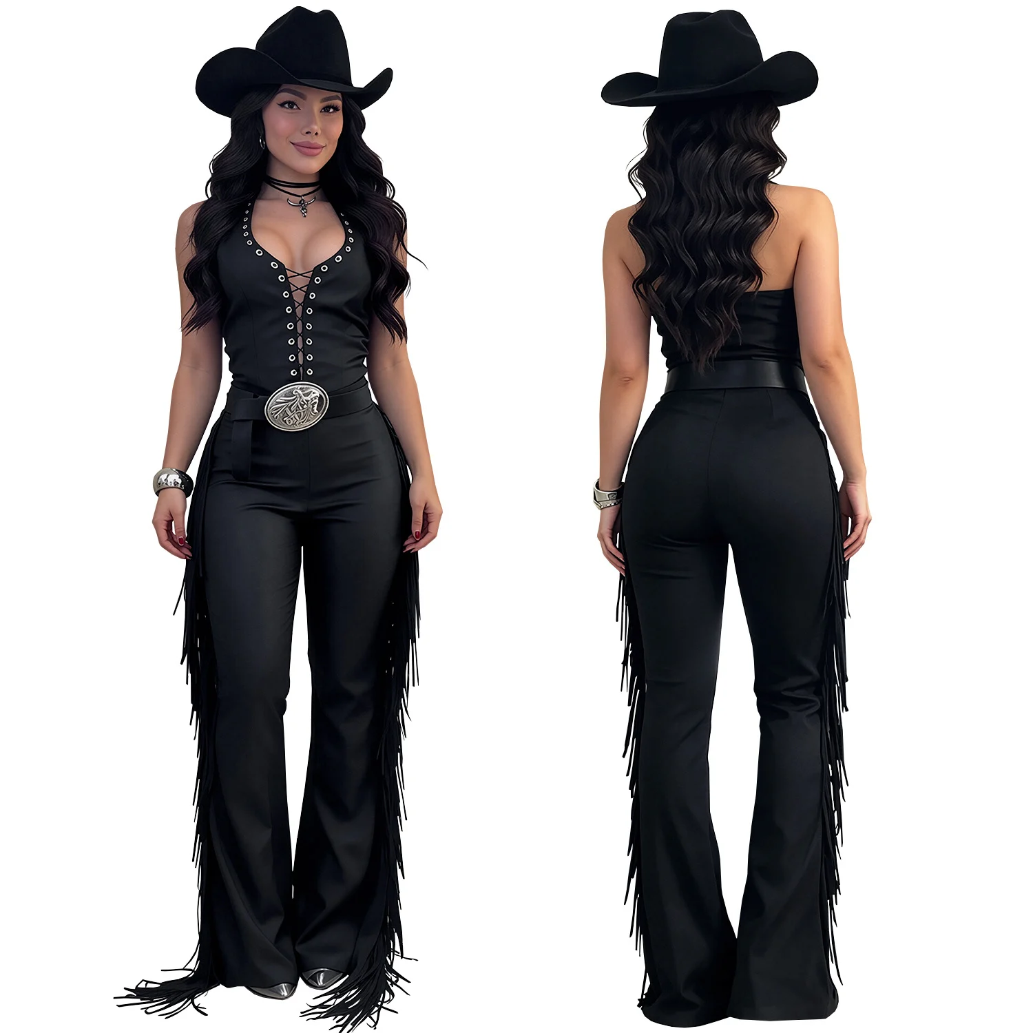 C7831 New Women Sexy Western-style Halterneck Fringe Wide-leg Pants Slim-fit Party… — image 3
