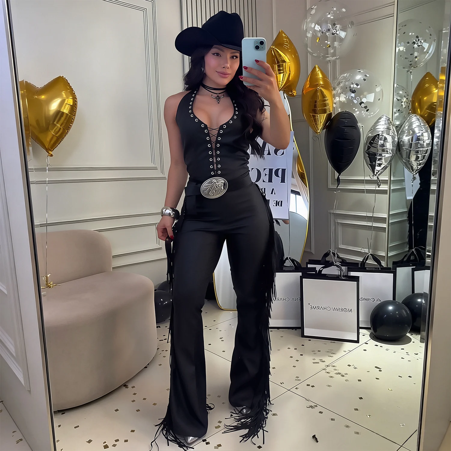 C7831 New Women Sexy Western-style Halterneck Fringe Wide-leg Pants Slim-fit Party… — image 4