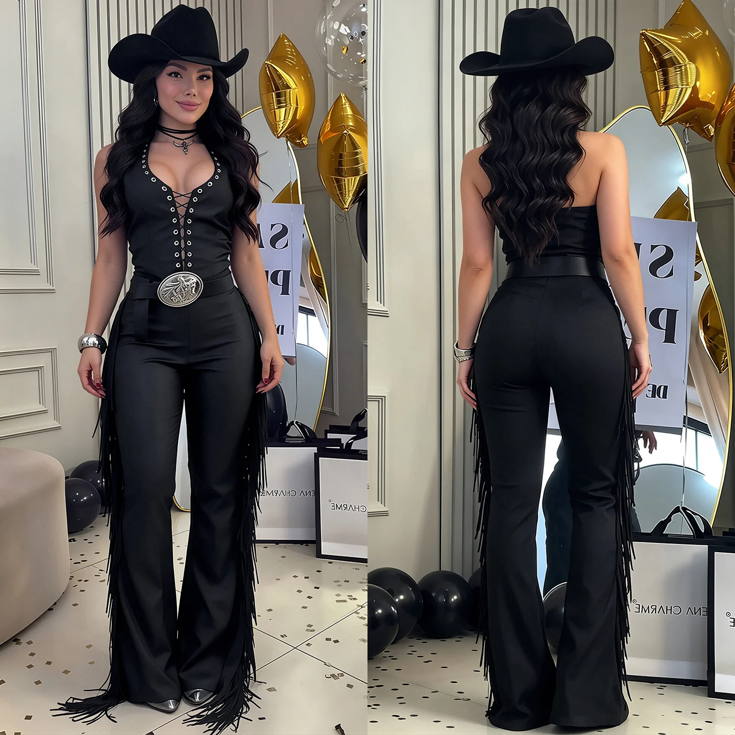 C7831 New Women Sexy Western-style Halterneck Fringe Wide-leg Pants Slim-fit Party… — image 5