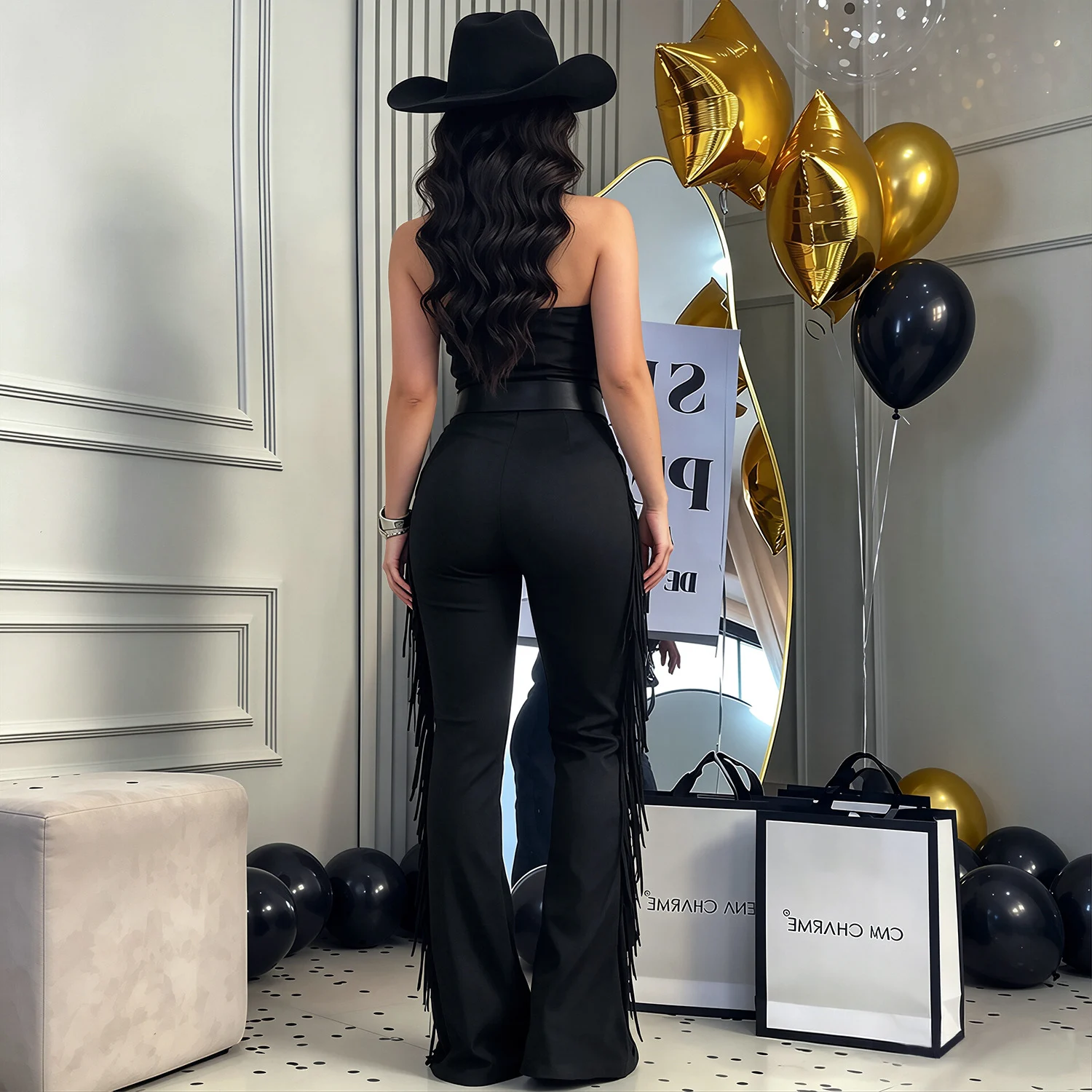 C7831 New Women Sexy Western-style Halterneck Fringe Wide-leg Pants Slim-fit Party… — image 6