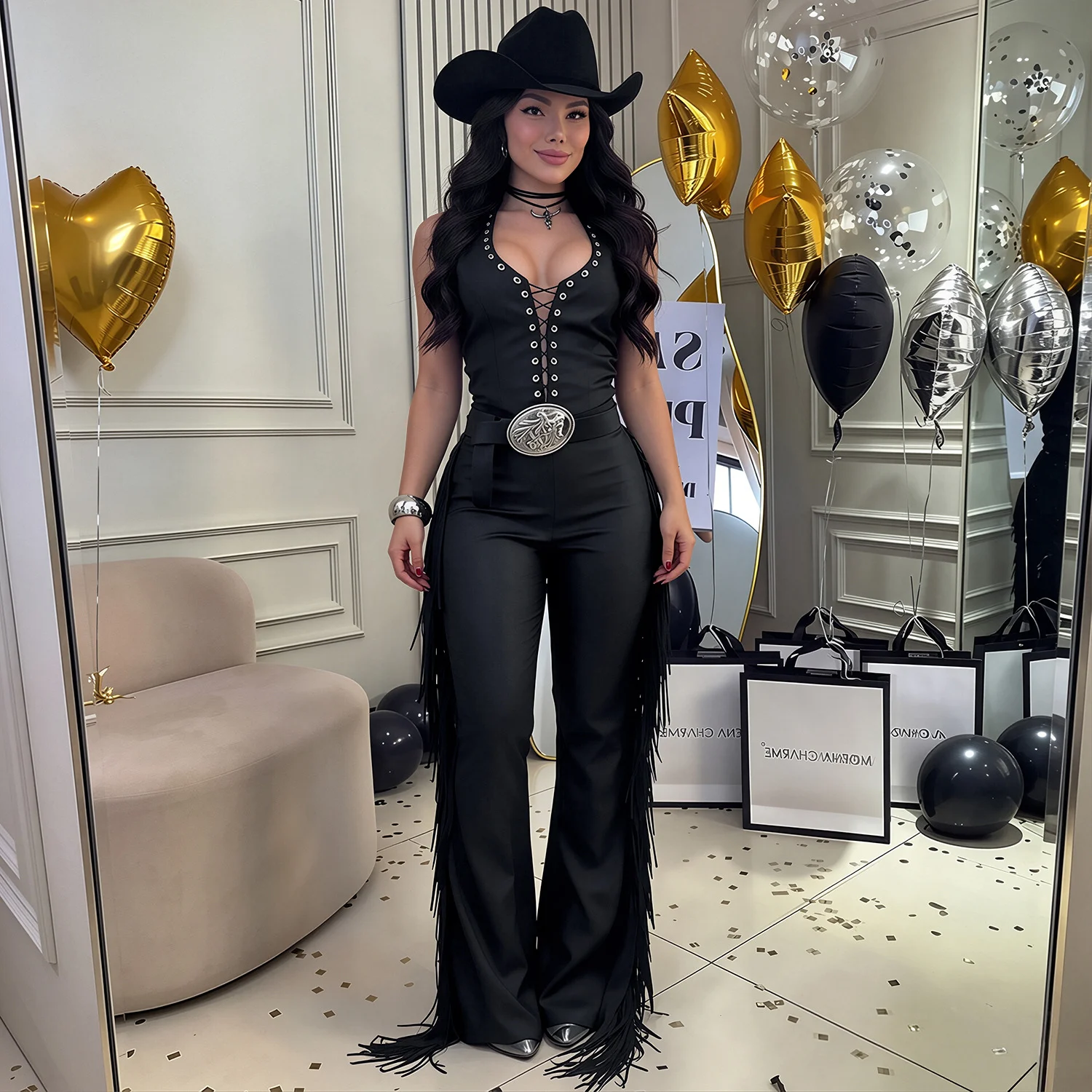 C7831 New Women Sexy Western-style Halterneck Fringe Wide-leg Pants Slim-fit Party… — image 2