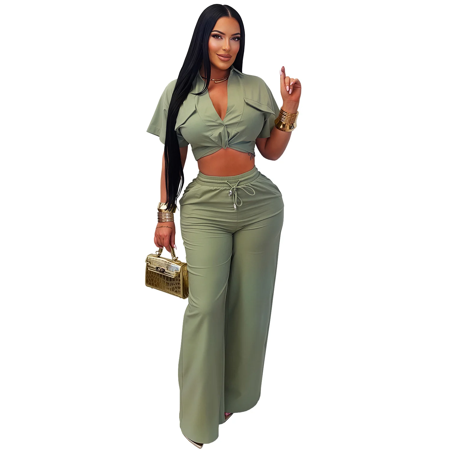C7835 New Women's Clothing Style Lapel Kink Short Top Wide Leg Casual Pants Set — image 1