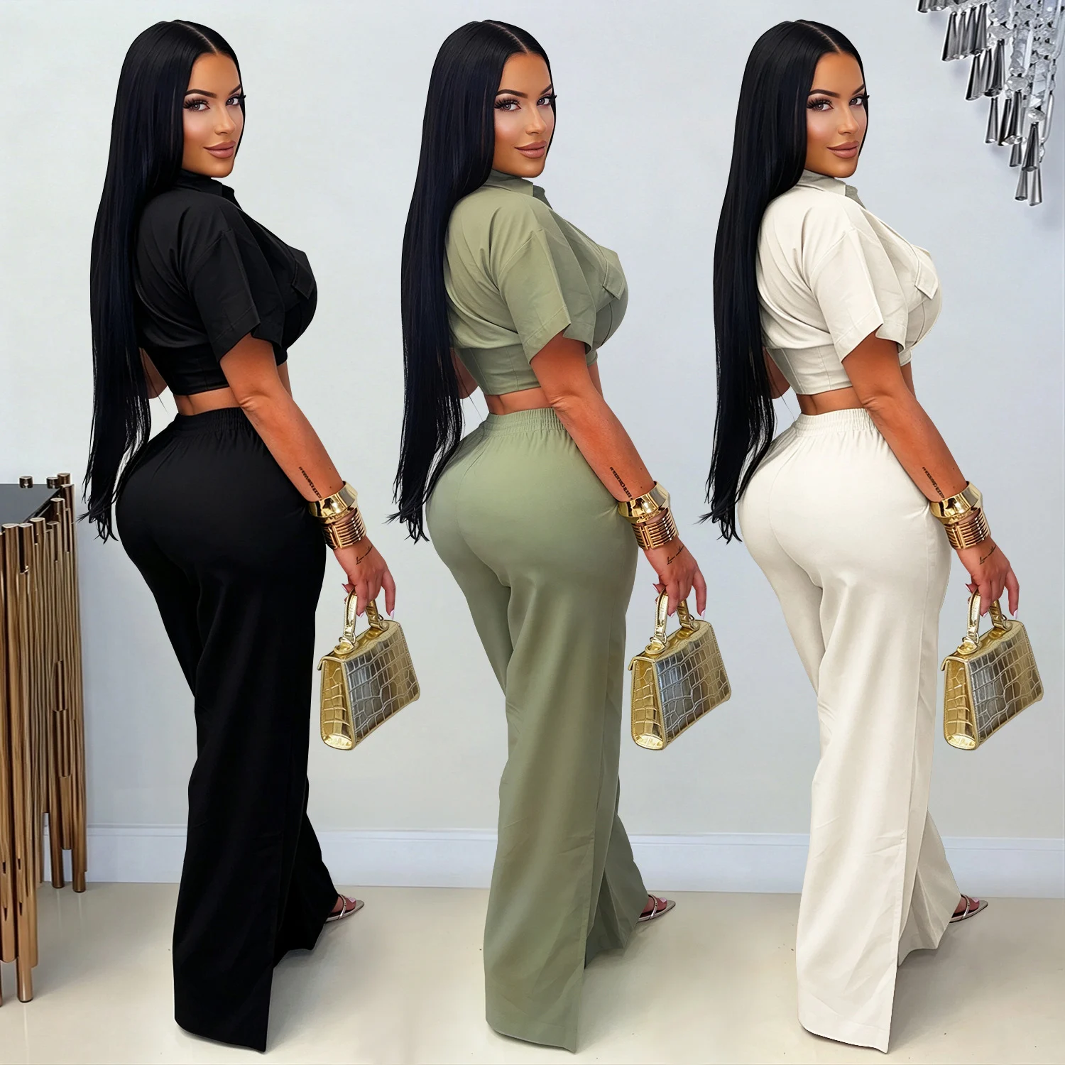 C7835 New Women's Clothing Style Lapel Kink Short Top Wide Leg Casual Pants Set — image 2