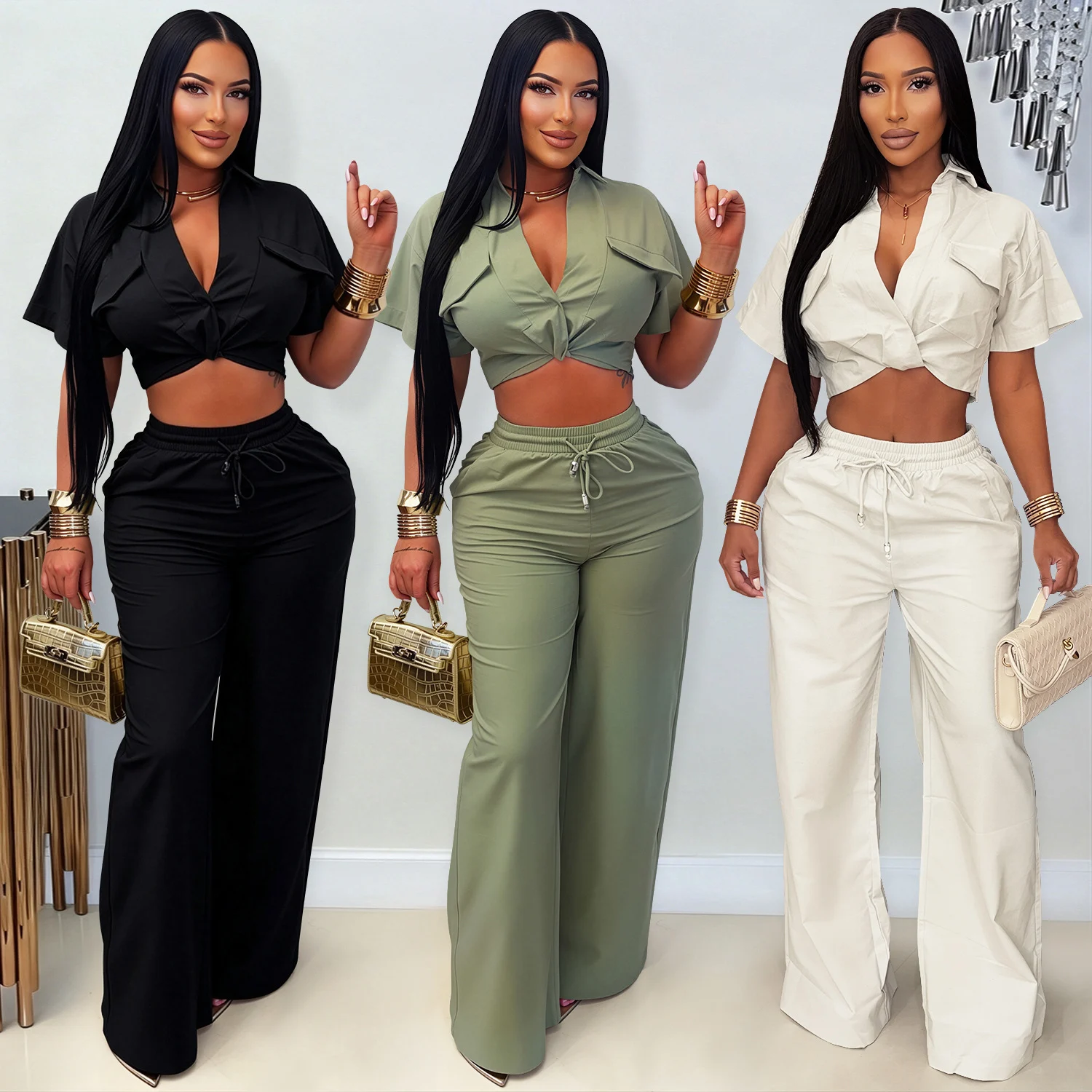 C7835 New Women's Clothing Style Lapel Kink Short Top Wide Leg Casual Pants Set — image 5
