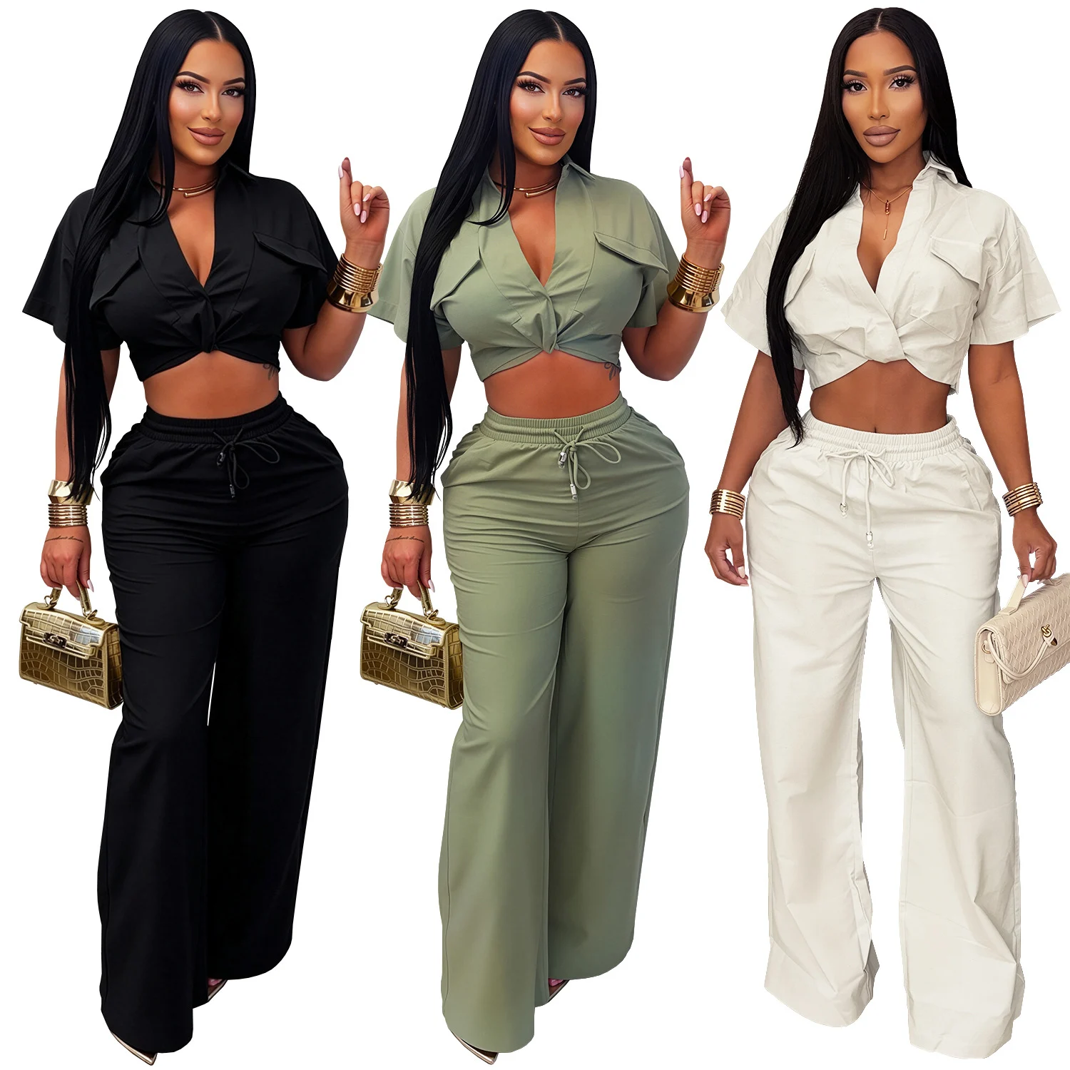 C7835 New Women's Clothing Style Lapel Kink Short Top Wide Leg Casual Pants Set — image 7